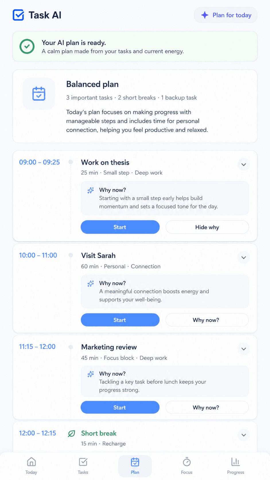Task AI Plan screen