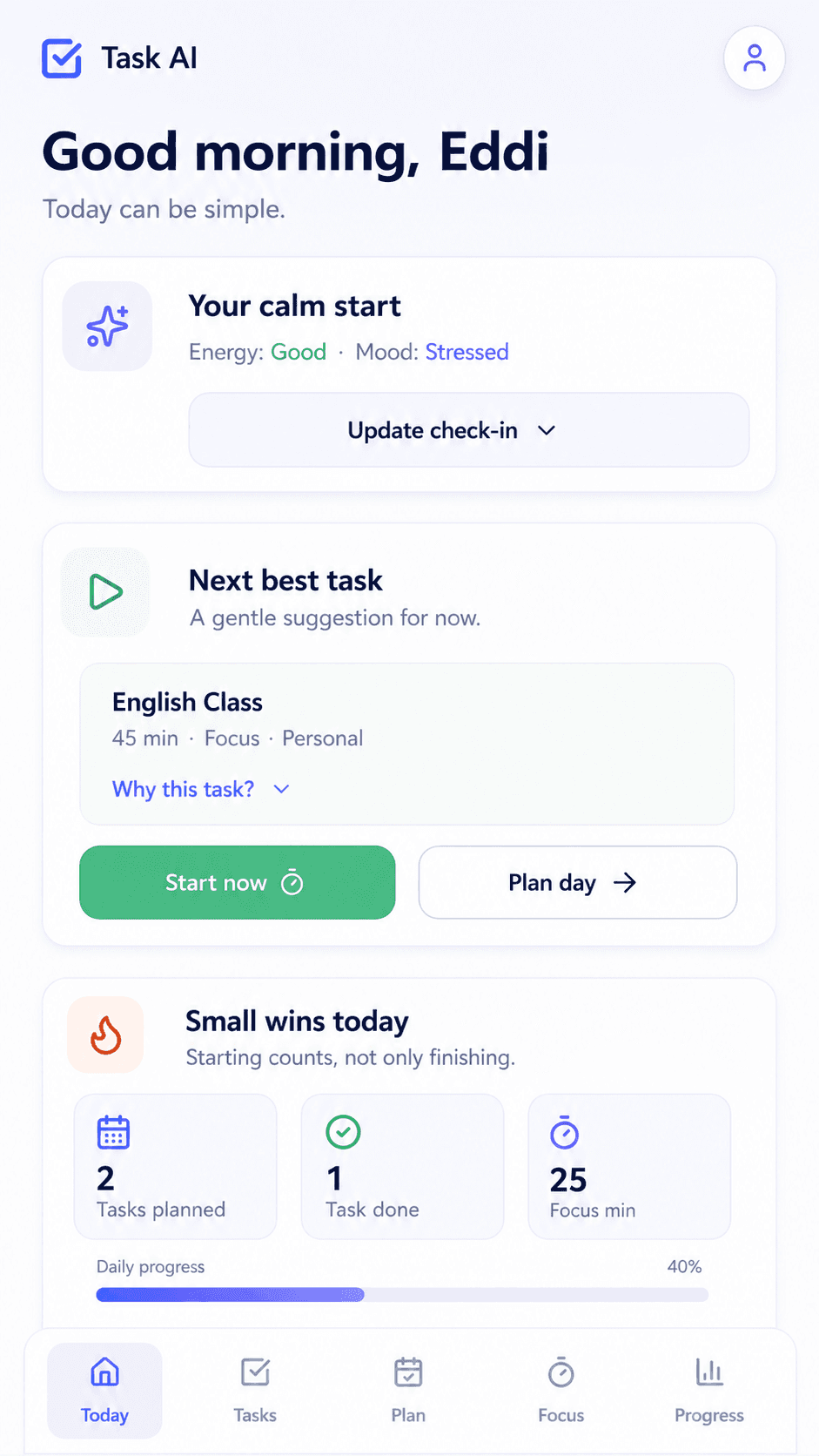 Task AI Today screen